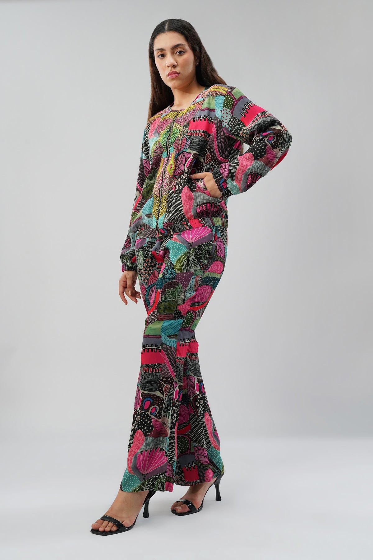 Meer Bomber Jacket Topaz Pink Multi With Meer Flare Pant Topaz Pink Multi