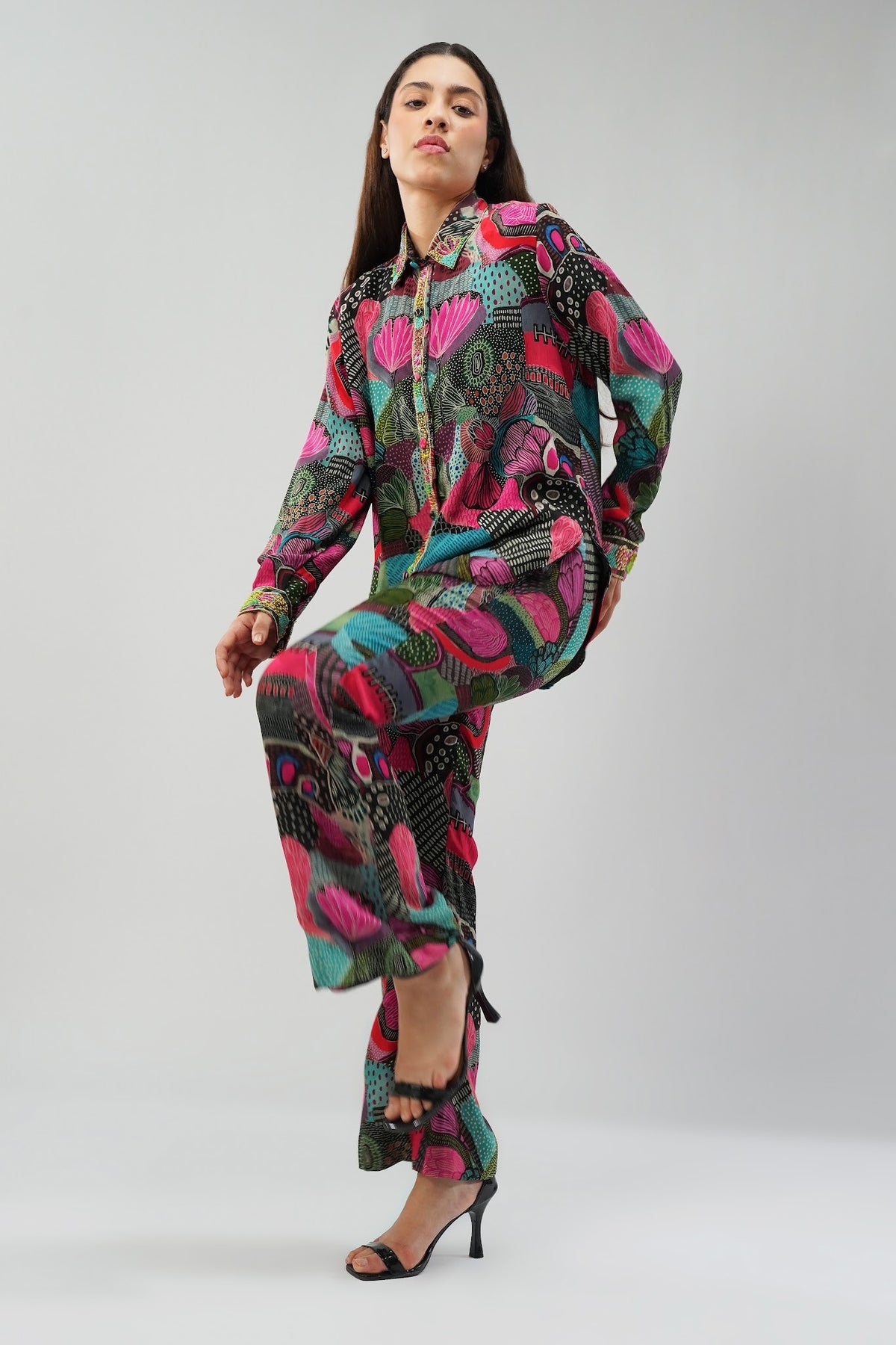 Meer Embellished Full Sleeve Shirt Topaz Pink Multi With Flare Pant Topaz Pink Multi