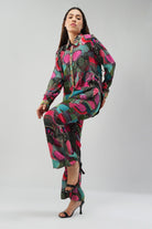 Meer Embellished Full Sleeve Shirt Topaz Pink Multi With Flare Pant Topaz Pink Multi