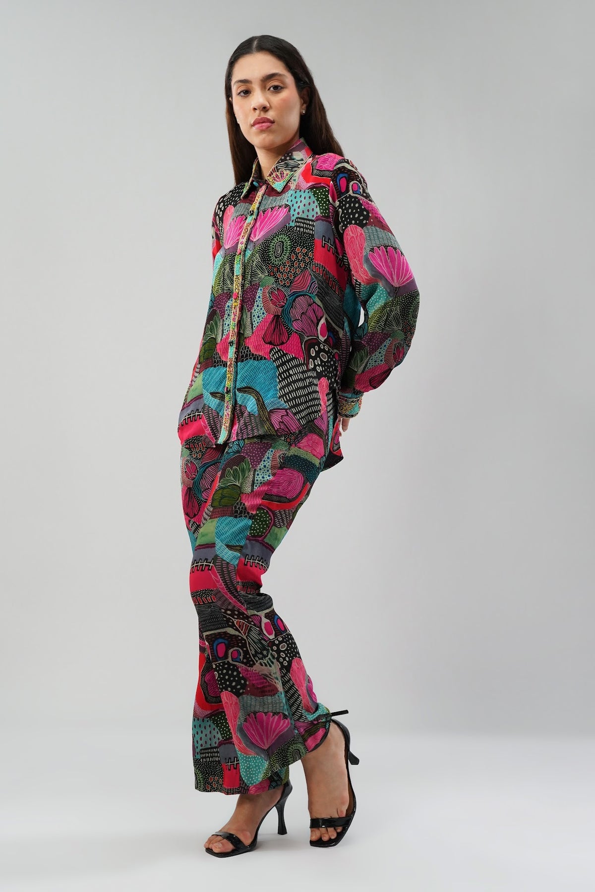 Meer Embellished Full Sleeve Shirt Topaz Pink Multi With Flare Pant Topaz Pink Multi