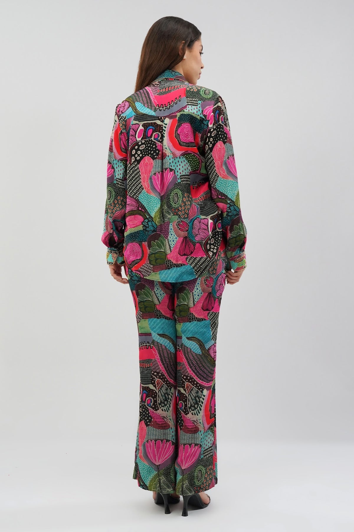 Meer Embellished Full Sleeve Shirt Topaz Pink Multi With Flare Pant Topaz Pink Multi