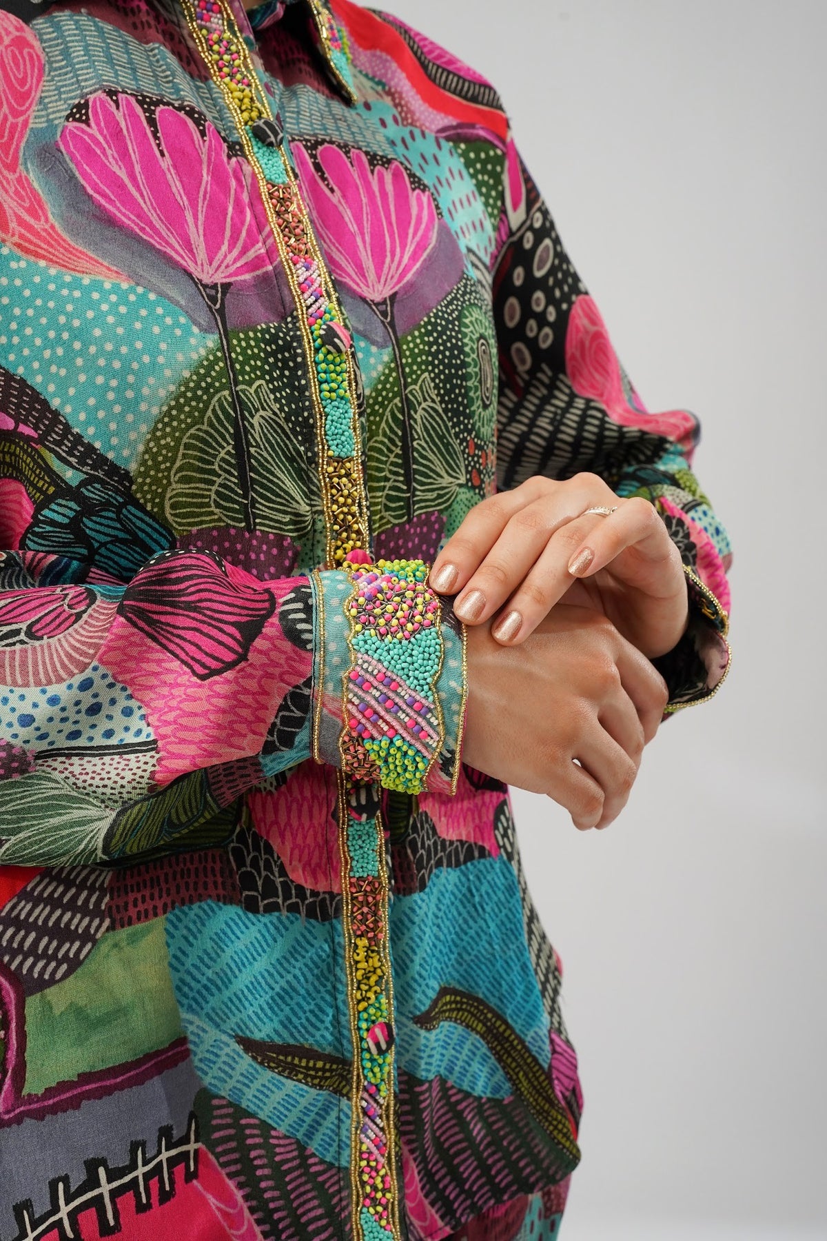 Meer Embellished Full Sleeve Shirt Topaz Pink Multi With Flare Pant Topaz Pink Multi