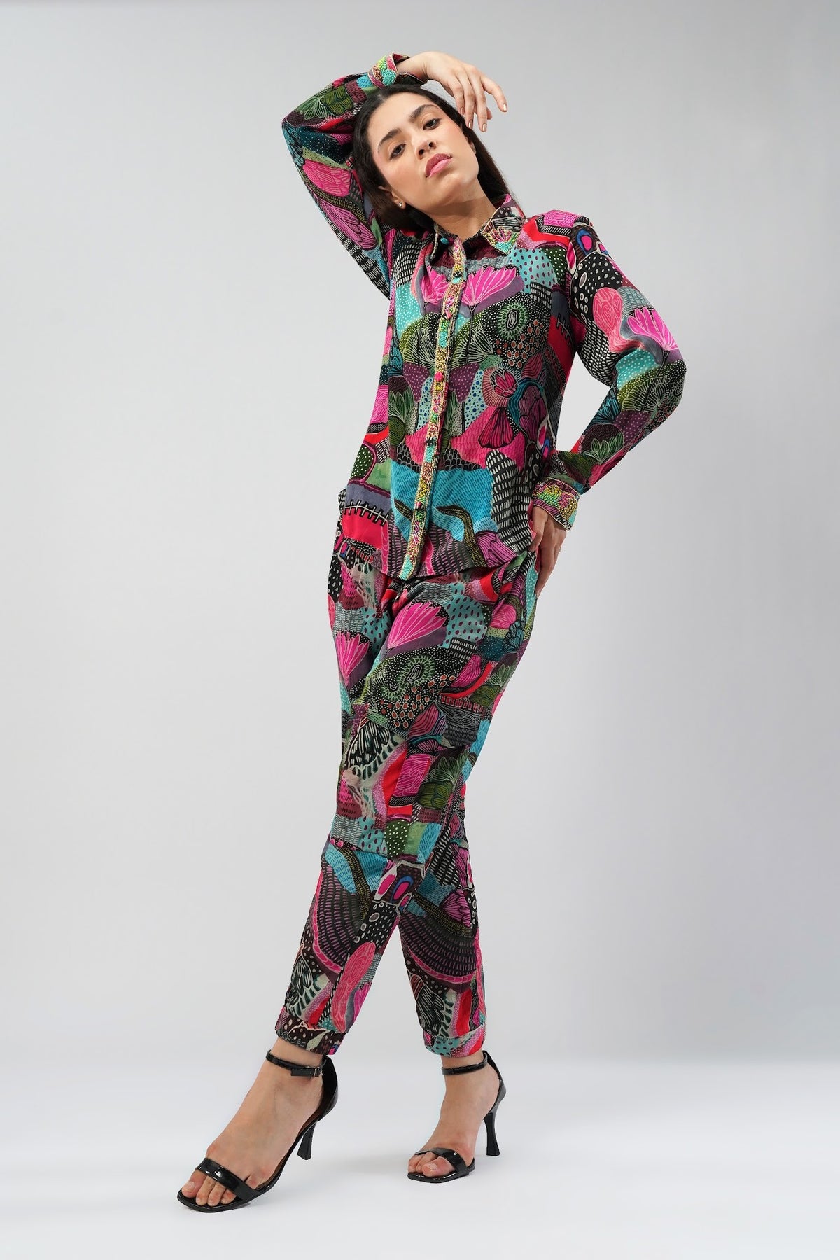 Meer Embellished Full Sleeve Shirt Topaz Pink Multi With Meer Jogger Pant Topaz Pink Multi