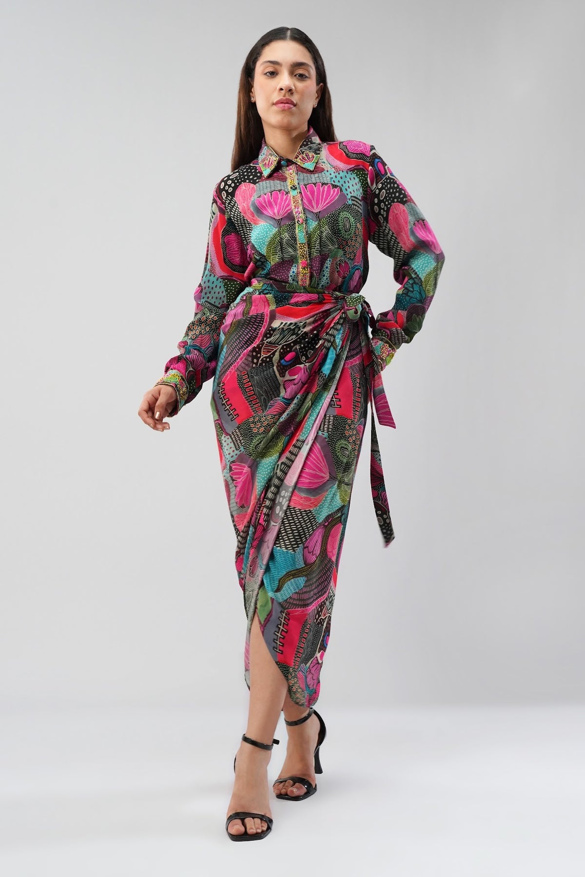 Meer Embellished Shirt Full Sleeve Topaz Pink Multi With Meer Tulip Wrap Skirt Sleeve Topaz Pink Multi