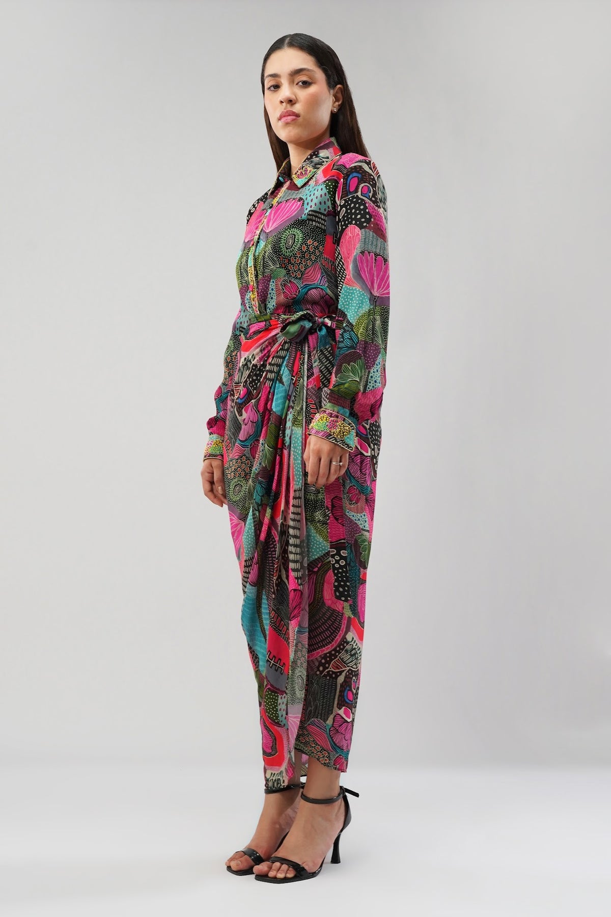 Meer Embellished Shirt Full Sleeve Topaz Pink Multi With Meer Tulip Wrap Skirt Sleeve Topaz Pink Multi
