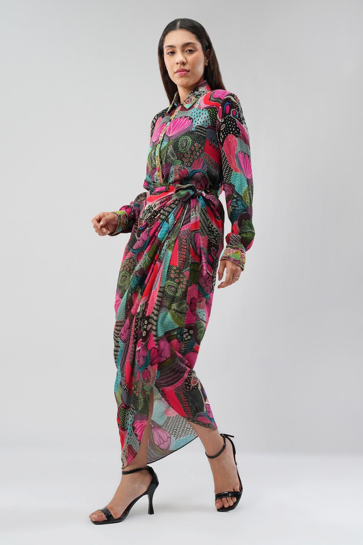 Meer Embellished Shirt Full Sleeve Topaz Pink Multi With Meer Tulip Wrap Skirt Sleeve Topaz Pink Multi