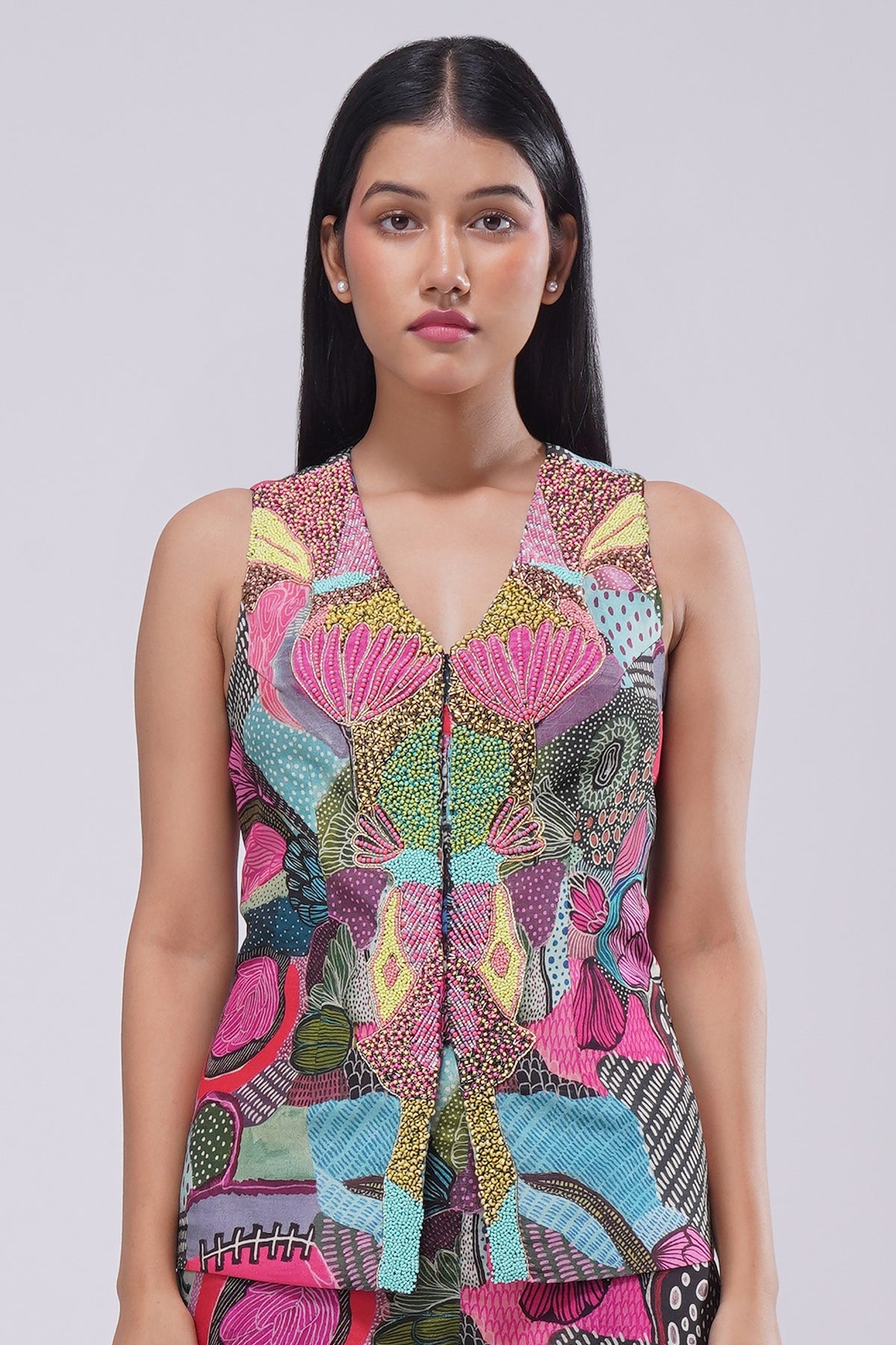 Meer Full Length Waist Coat Sleeve Less Topaz Pink Multi