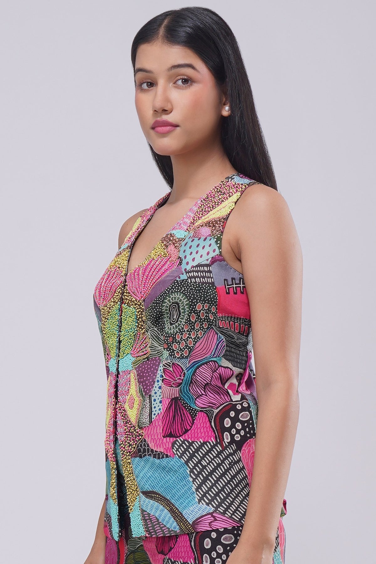 Meer Full Length Waist Coat Sleeve Less Topaz Pink Multi
