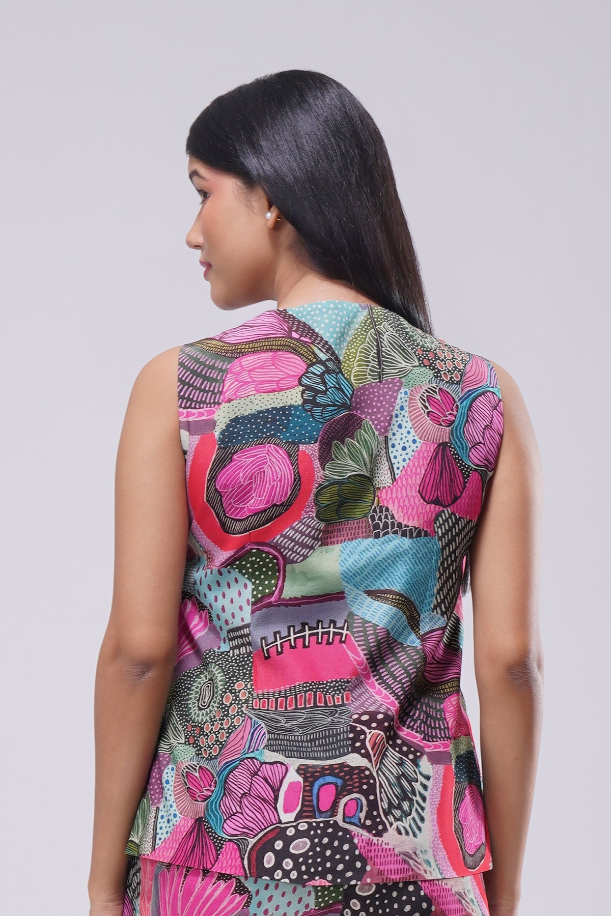 Meer Full Length Waist Coat Sleeve Less Topaz Pink Multi
