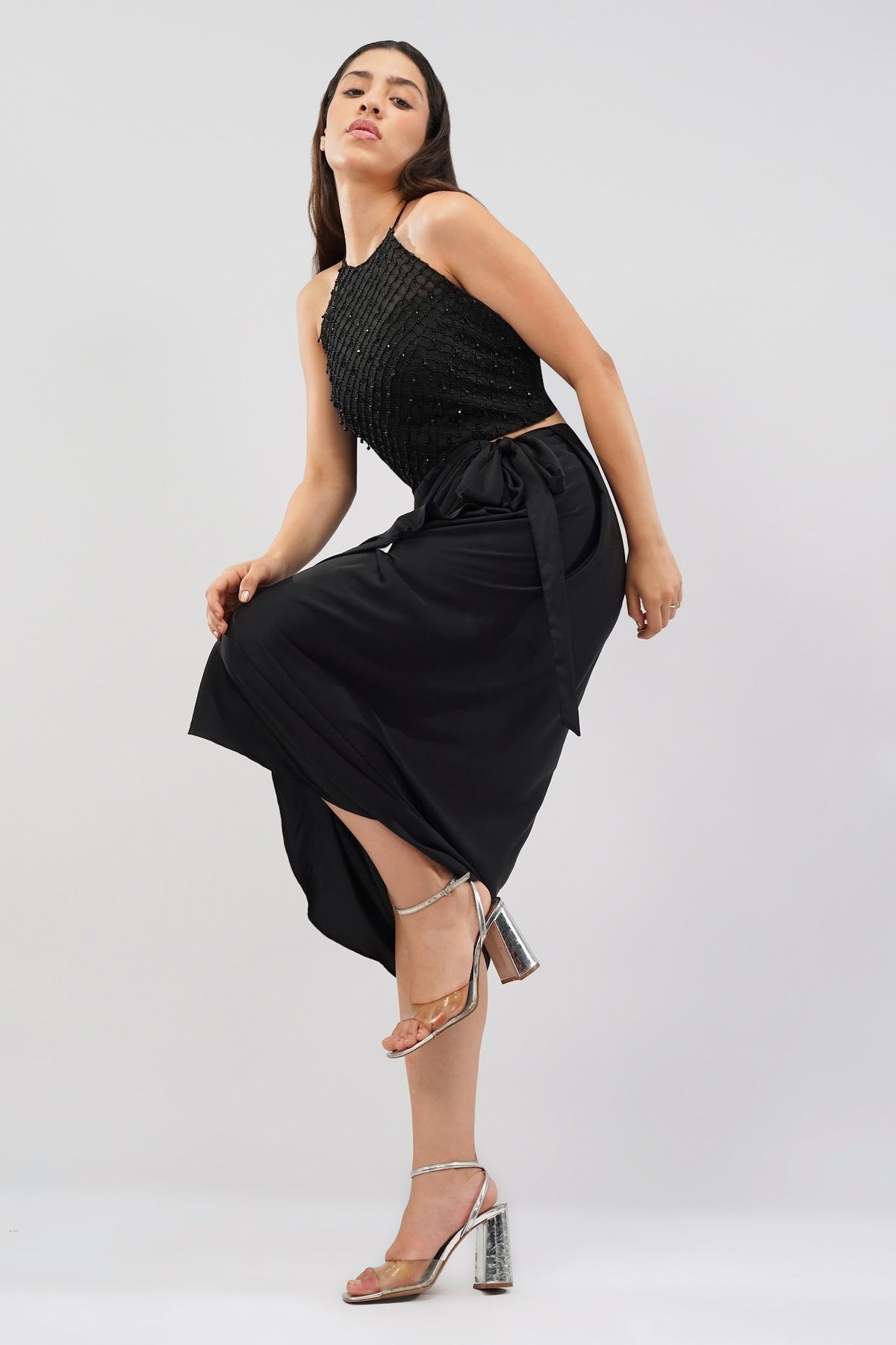 Opal Crop Top Halterneck Backless With Plain Tulip Freesize Wrap Skirt Heritage Black