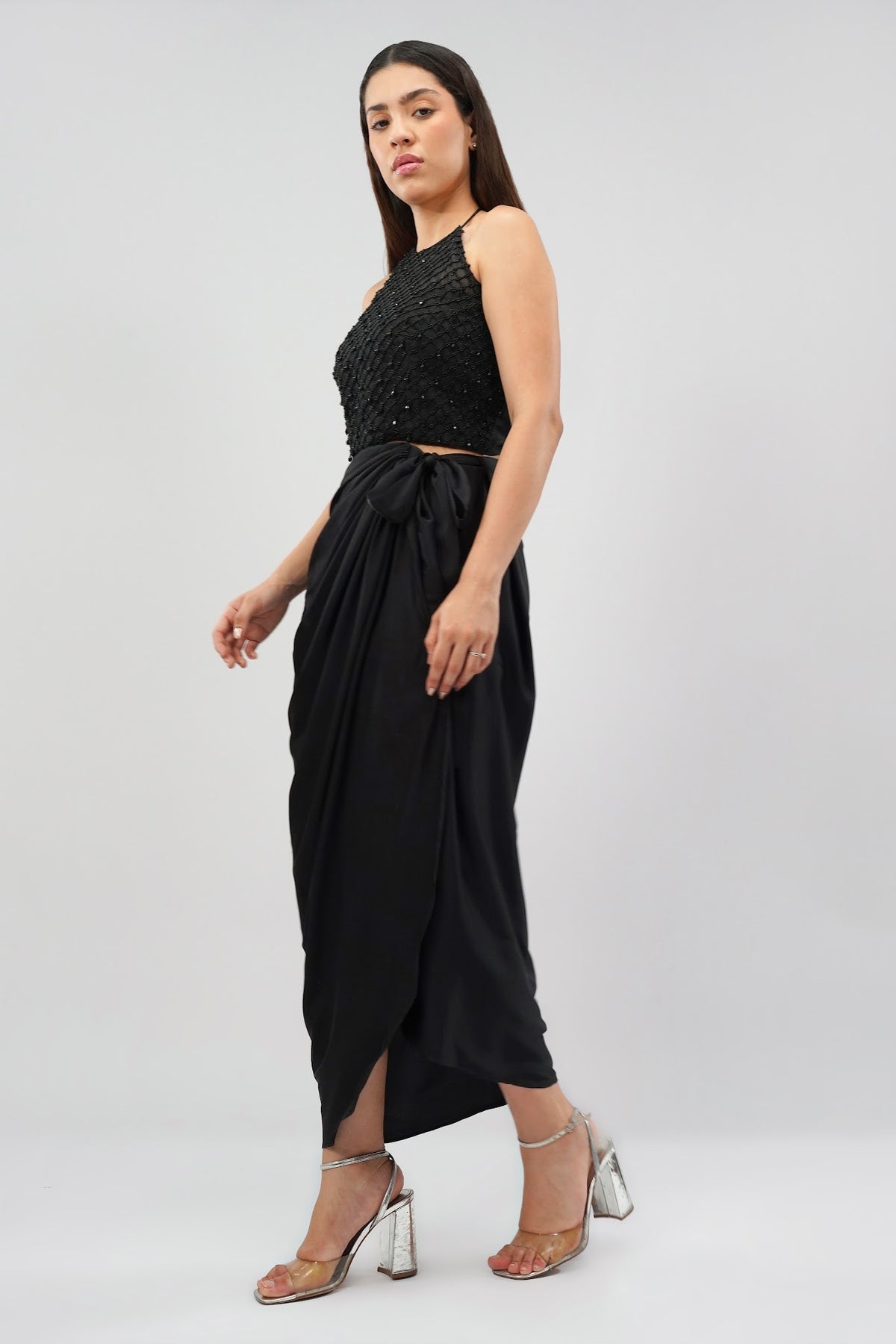 Opal Crop Top Halterneck Backless With Plain Tulip Freesize Wrap Skirt Heritage Black