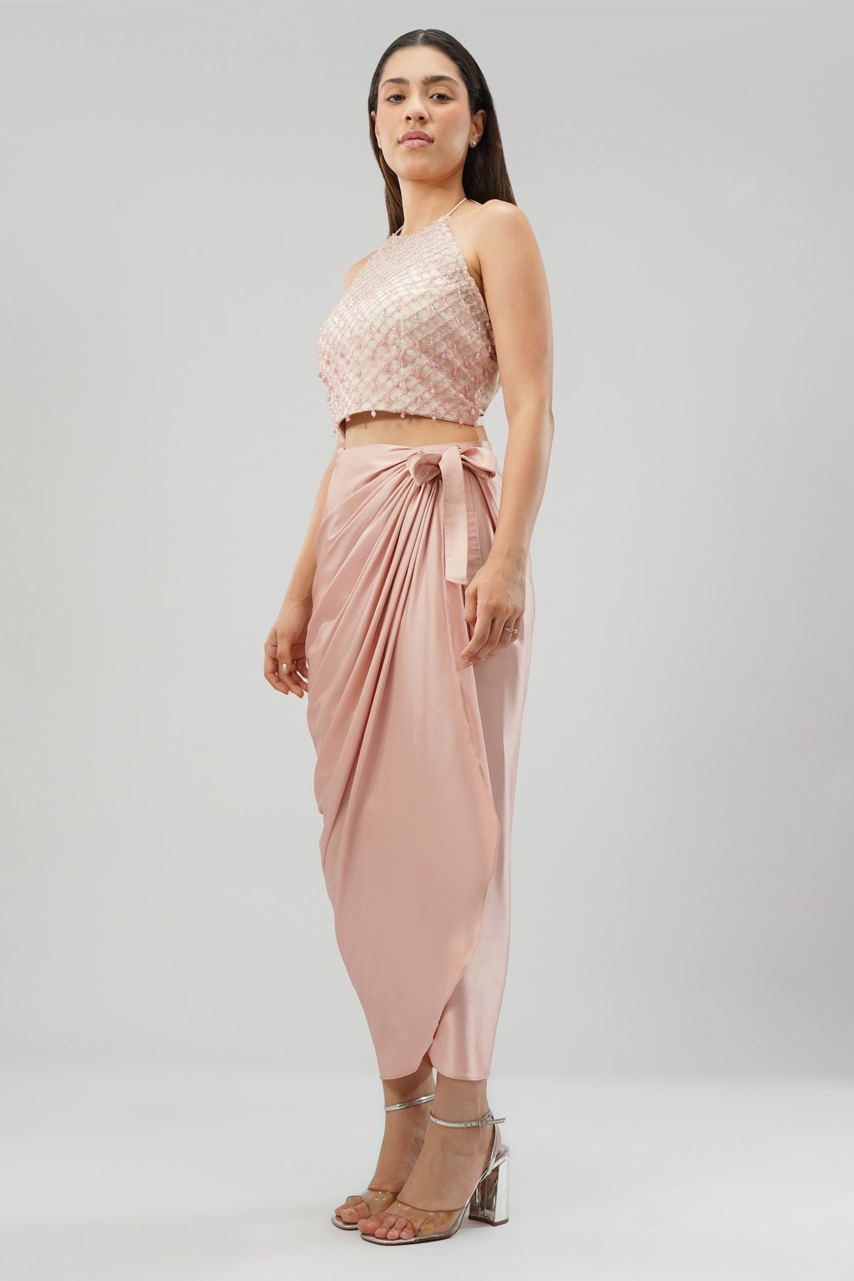 Opal Crop Top Halterneck Backless Rose Quartz Pink With Plain Tulip Freesize Wrap Skirt Rose Quartz Pink