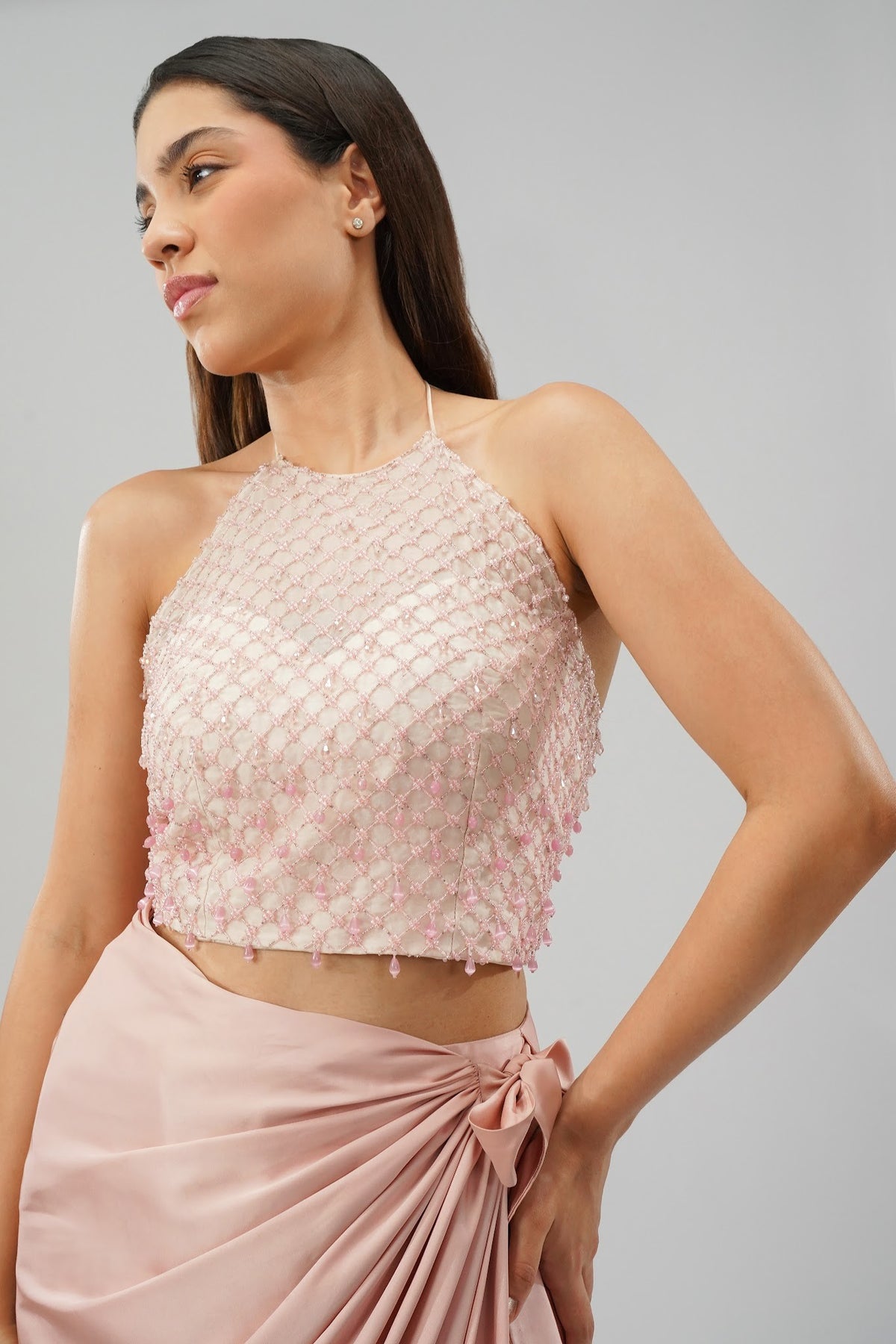 Opal Crop Top Halterneck Backless Rose Quartz Pink With Plain Tulip Freesize Wrap Skirt Rose Quartz Pink