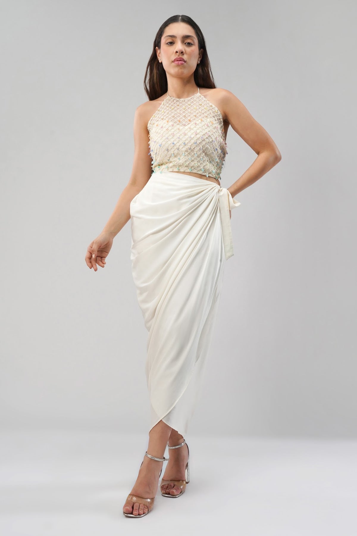Opal Crop Top Halterneck Backless With Plain Tulip Freesize Wrap Skirt Pristine Ivory