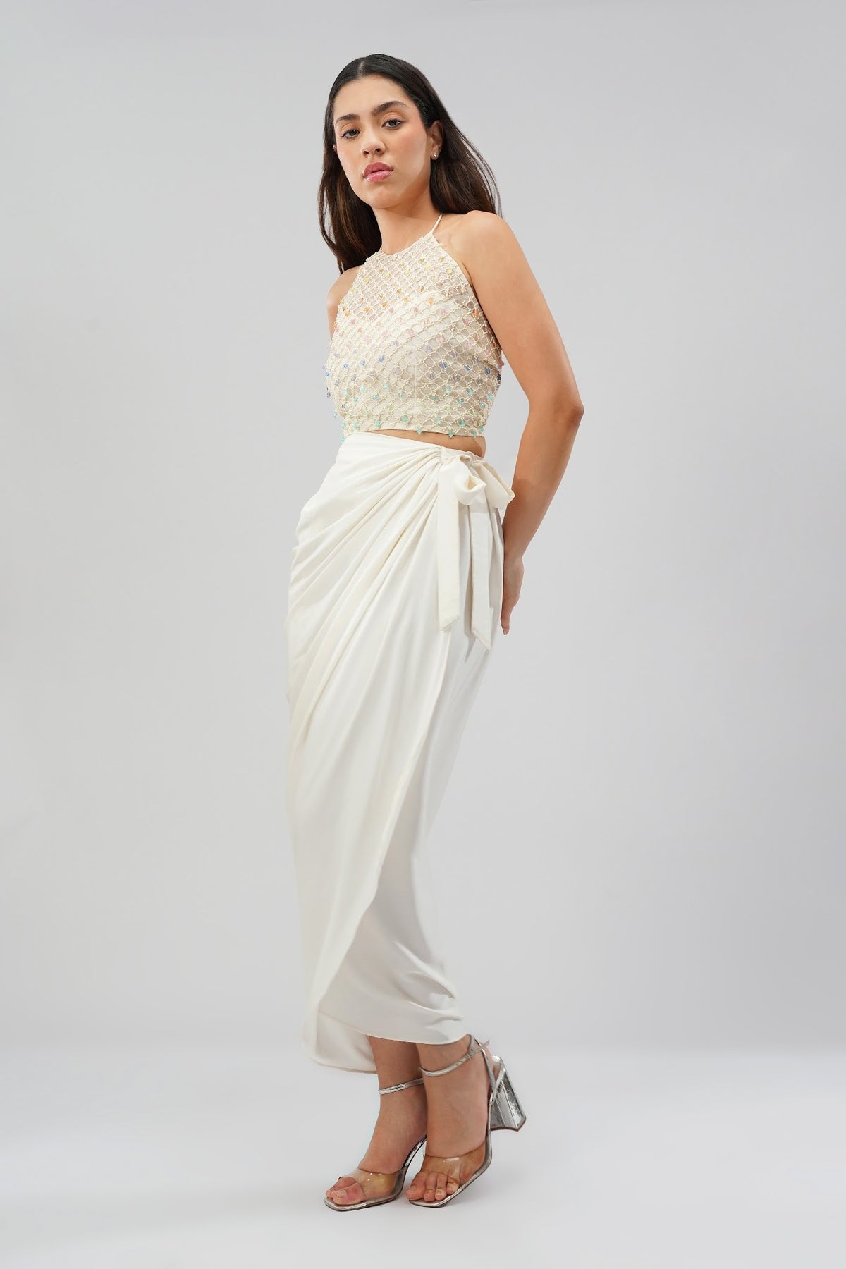Opal Crop Top Halterneck Backless With Plain Tulip Freesize Wrap Skirt Pristine Ivory
