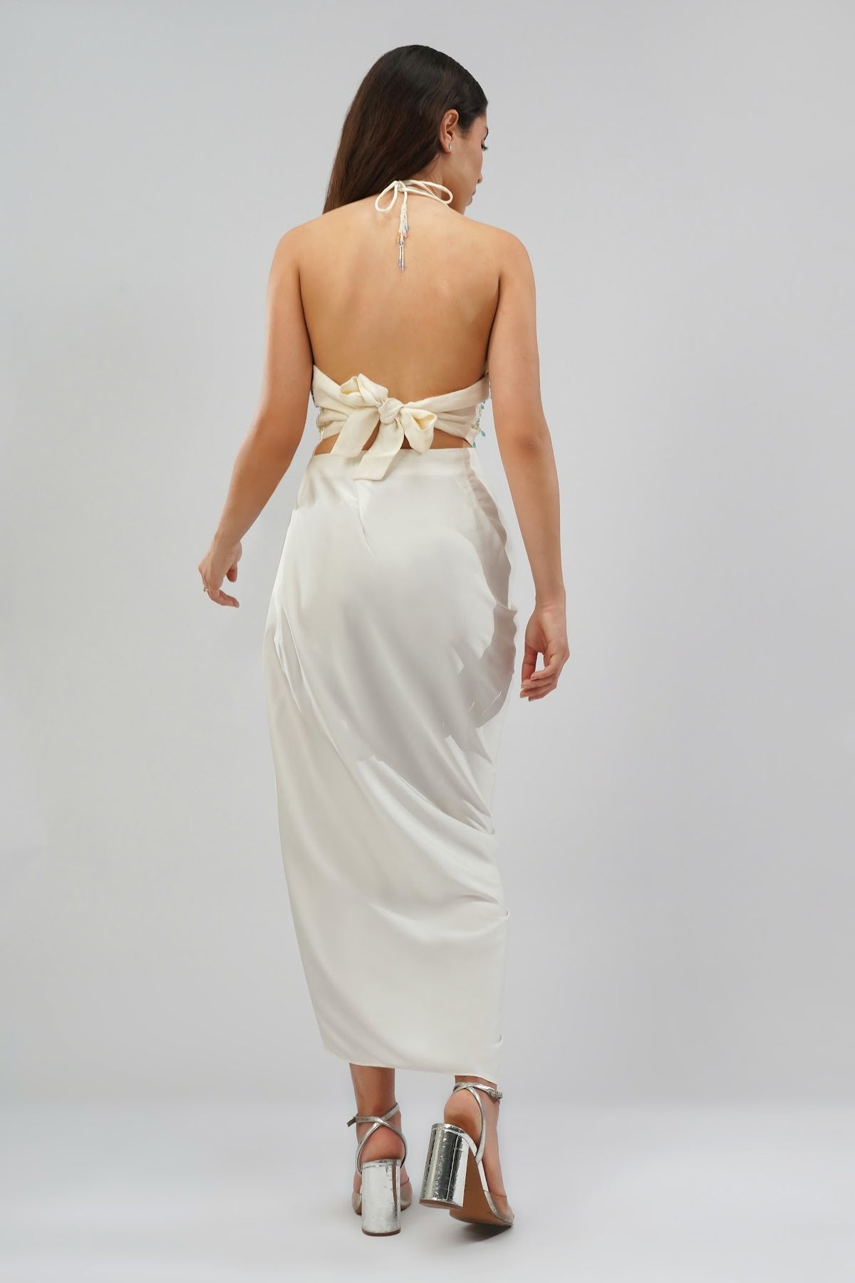 Opal Crop Top Halterneck Backless With Plain Tulip Freesize Wrap Skirt Pristine Ivory