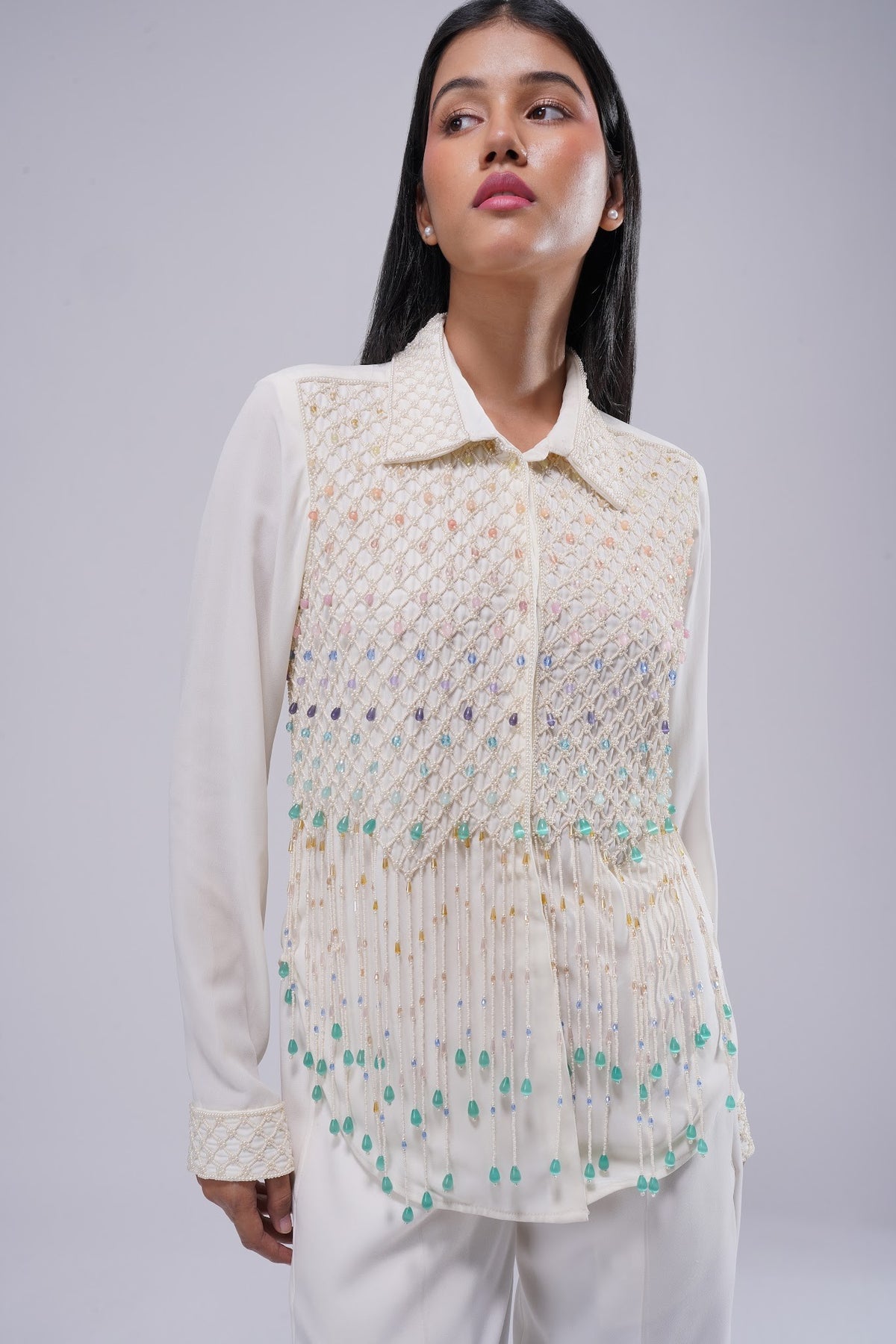Opal Embellished Full Sleeve Shirt Pristine Ivory Multi