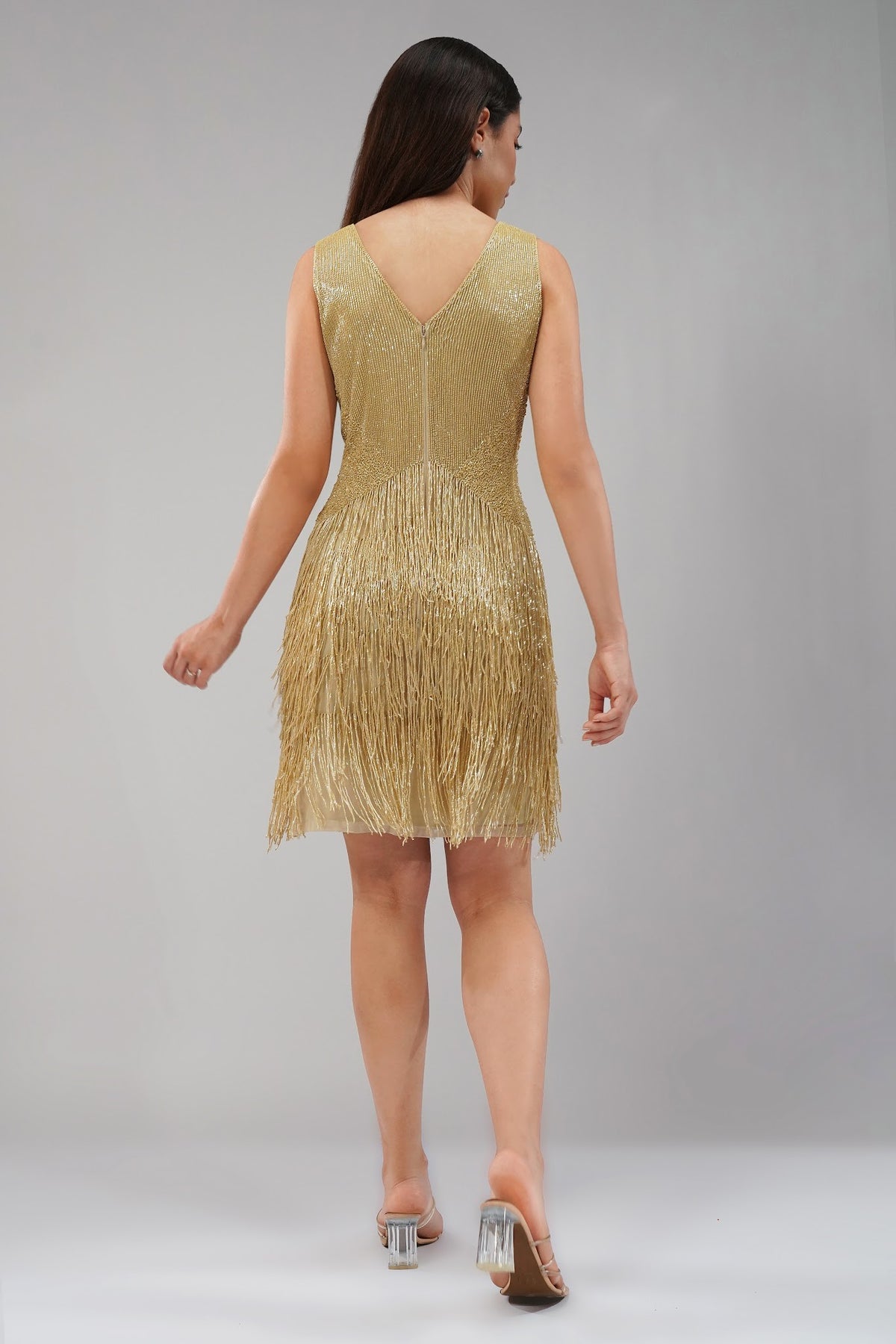 Panache Knee Length Strapy Sleeve Dress Champagne Beige