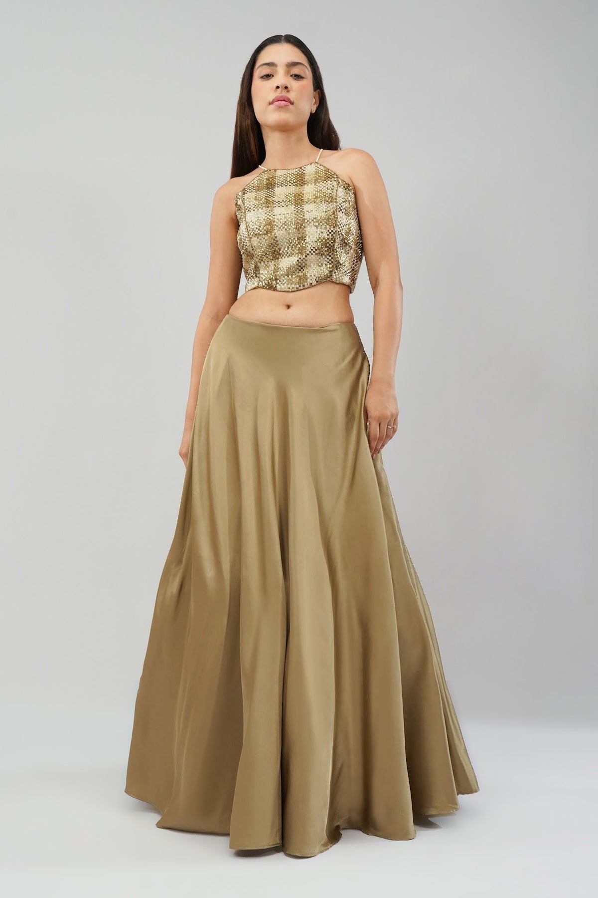 Quartz Crop Top Halterneck Fullback Peerless Gold With Plain Flare Lehenga Full Length Peerless Gold
