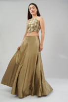 Quartz Crop Top Halterneck Fullback Peerless Gold With Plain Flare Lehenga Full Length Peerless Gold