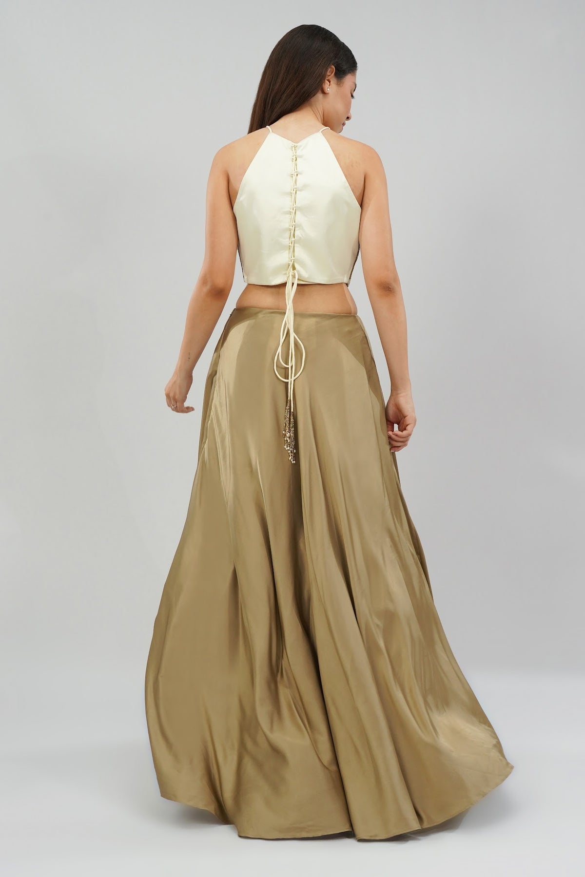 Quartz Crop Top Halterneck Fullback Peerless Gold With Plain Flare Lehenga Full Length Peerless Gold