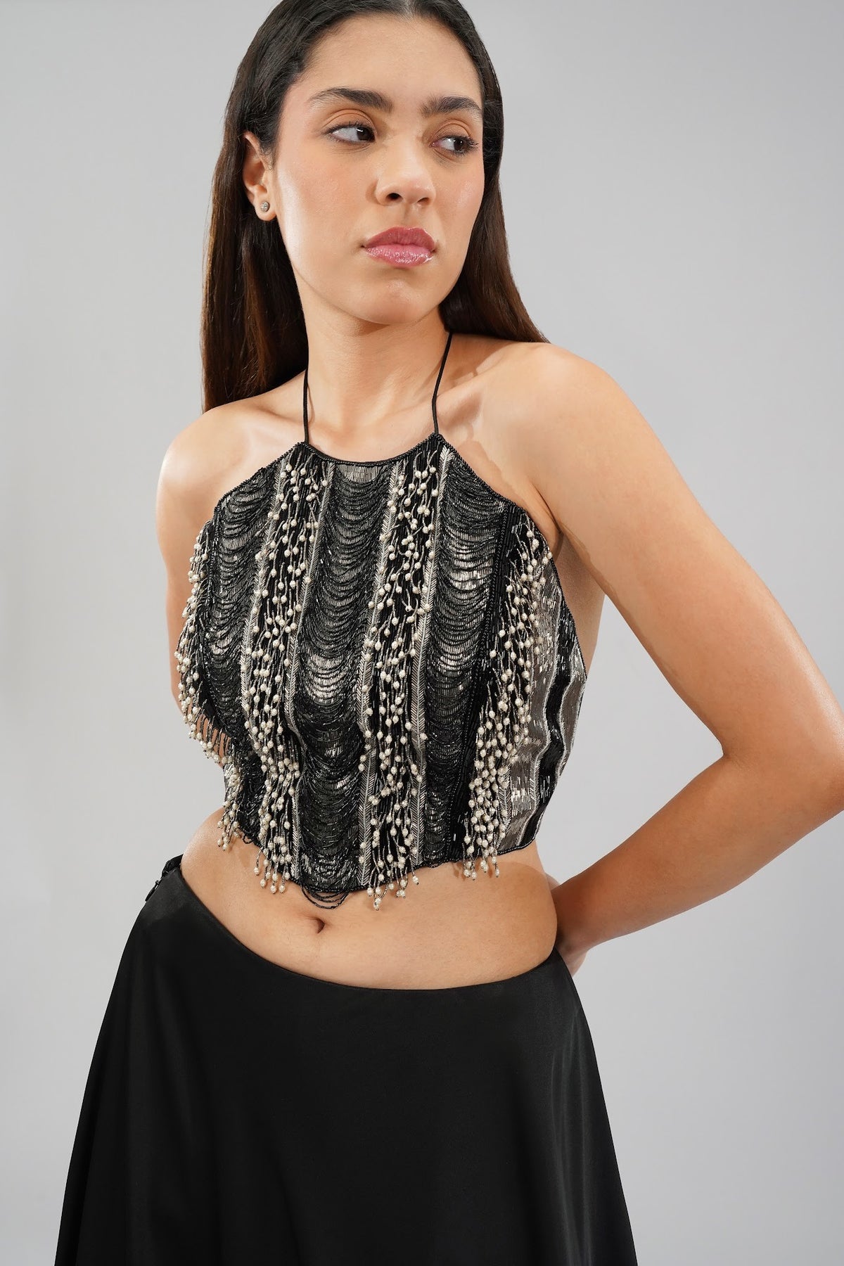 Ruche Crop Top Halterneck Backless Heritage Black
