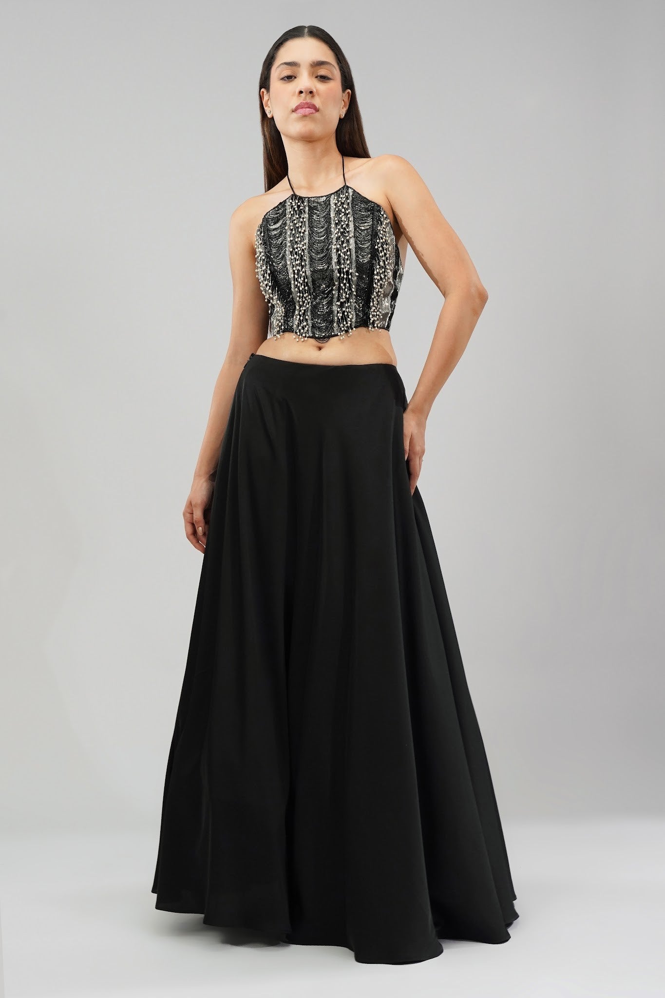 Ruche Crop Top Halterneck Backless Heritage Black With Plain Flare Lehenga Full Length Heritage Black