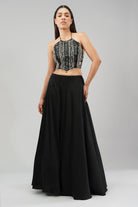 Ruche Crop Top Halterneck Backless Heritage Black With Plain Flare Lehenga Full Length Heritage Black