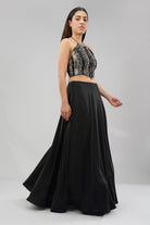 Ruche Crop Top Halterneck Backless Heritage Black With Plain Flare Lehenga Full Length Heritage Black