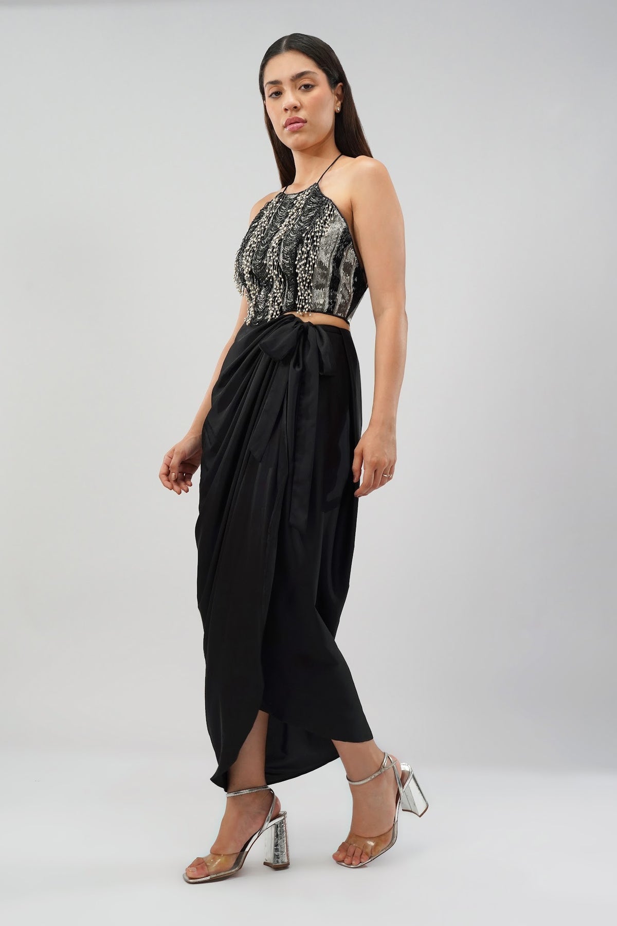 Ruche Crop Top Halterneck Backless Heritage Black With Tulip Freesize Full Length Wrap Skirt Heritage Black