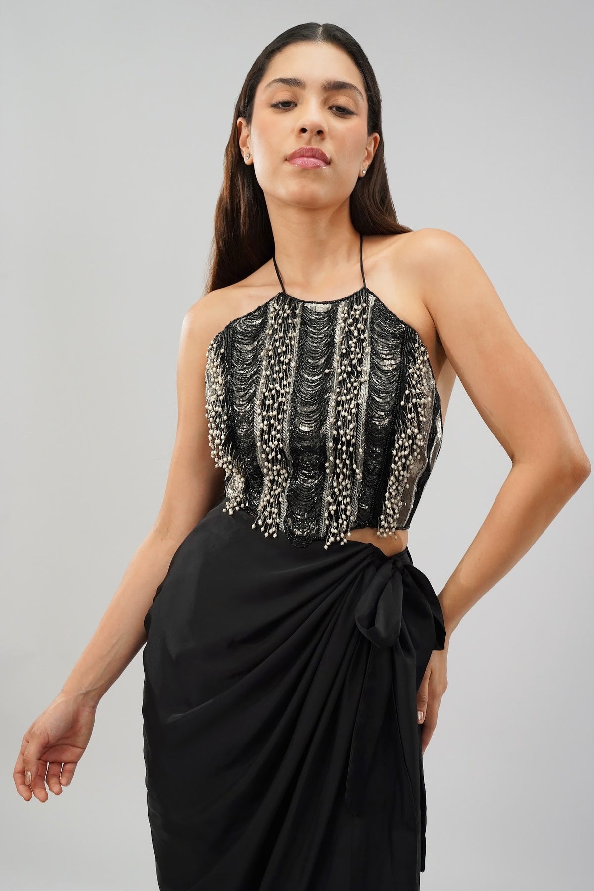 Ruche Crop Top Halterneck Backless Heritage Black With Tulip Freesize Full Length Wrap Skirt Heritage Black
