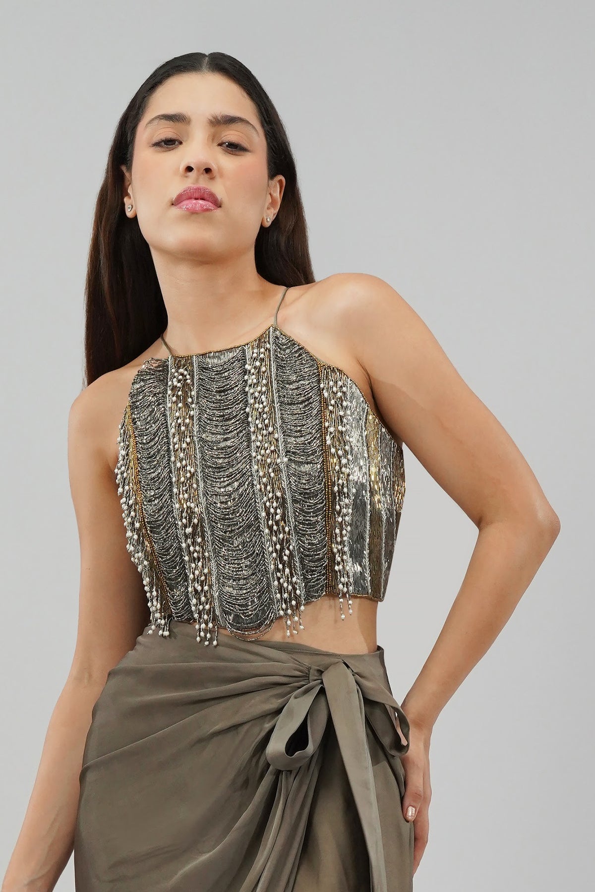 Ruche Crop Top Halterneck Fullback Antique Gold Antique Silver