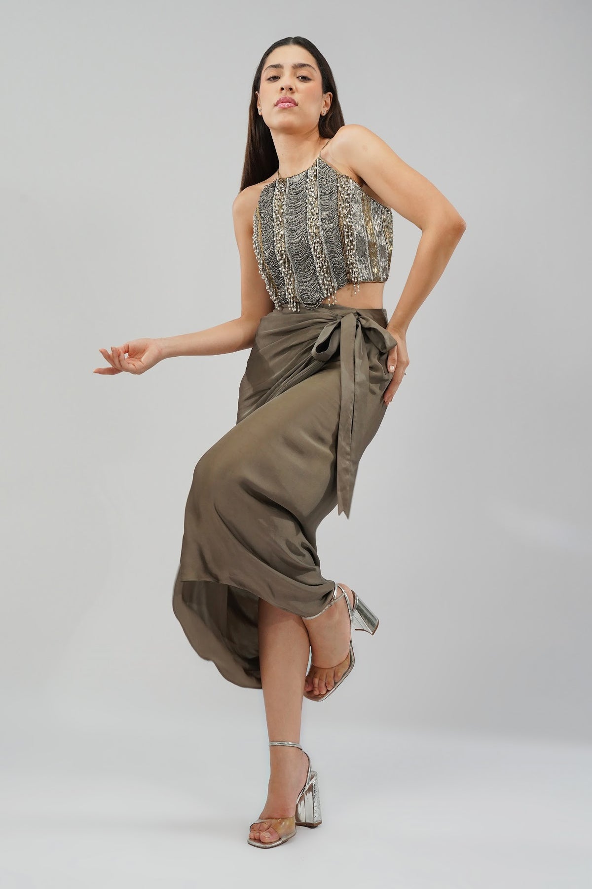 Ruche Crop Top Halterneck Fullback Antique Gold Antique Silver With Tulip Freesize Full Length Wrap Skirt Antique Gold Antique Silver