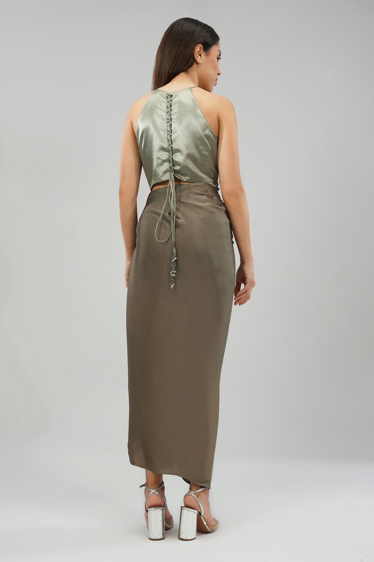 Ruche Crop Top Halterneck Fullback Antique Gold Antique Silver With Tulip Freesize Full Length Wrap Skirt Antique Gold Antique Silver