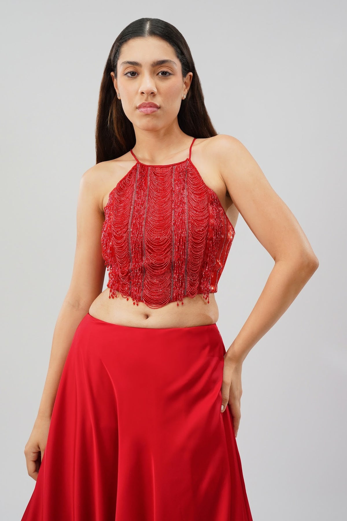 Ruche Crop Top Halterneck Fullback Carnelian Red