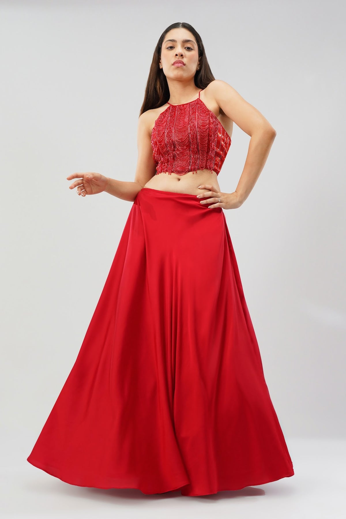 Ruche Crop Top Halterneck Fullback Carnelian Red With Plain Flare Lehenga Full Length Carnelian Red
