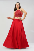 Ruche Crop Top Halterneck Fullback Carnelian Red With Plain Flare Lehenga Full Length Carnelian Red