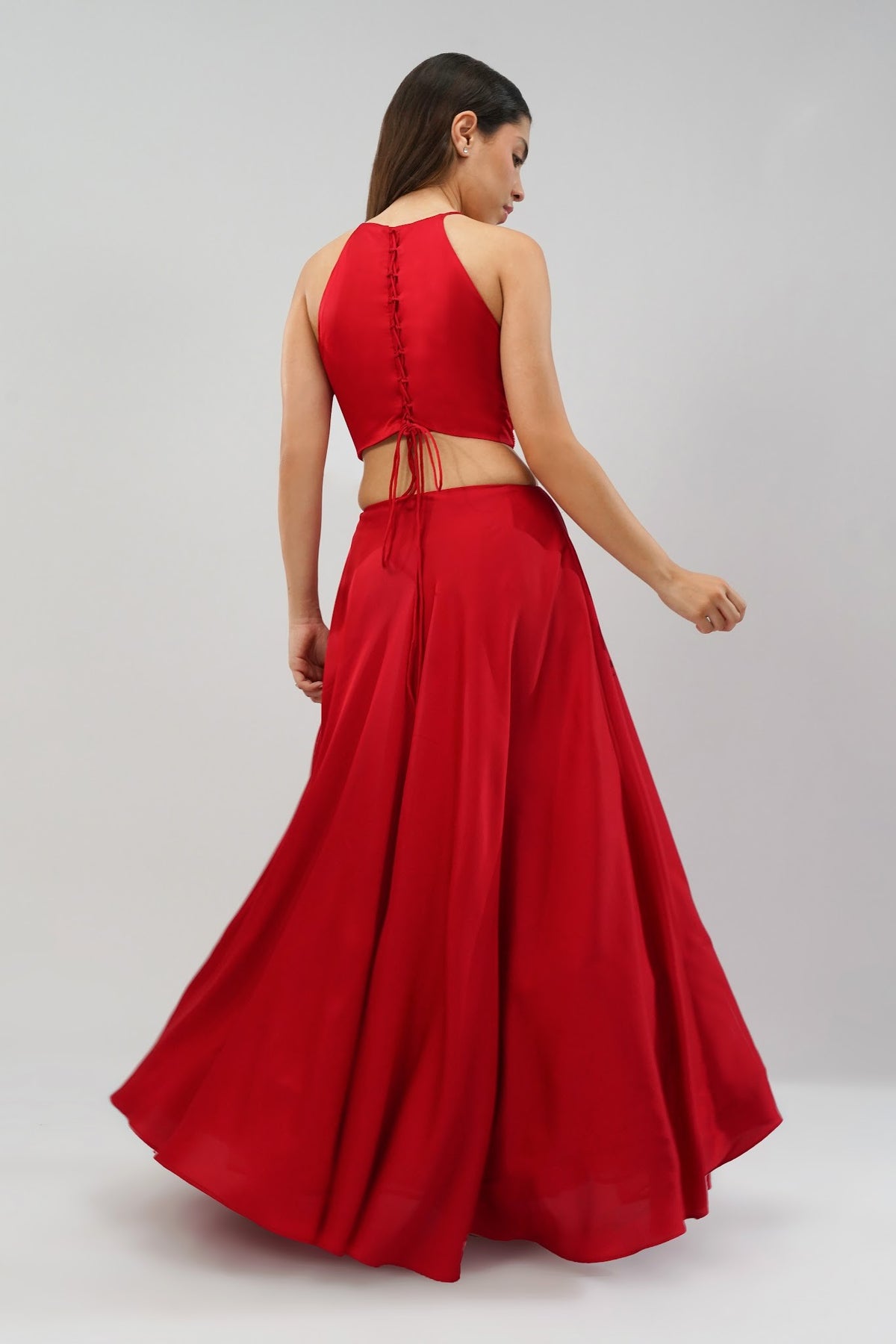 Ruche Crop Top Halterneck Fullback Carnelian Red With Plain Flare Lehenga Full Length Carnelian Red