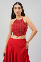 Ruche Crop Top Halterneck Fullback Carnelian Red With Plain Flare Lehenga Full Length Carnelian Red