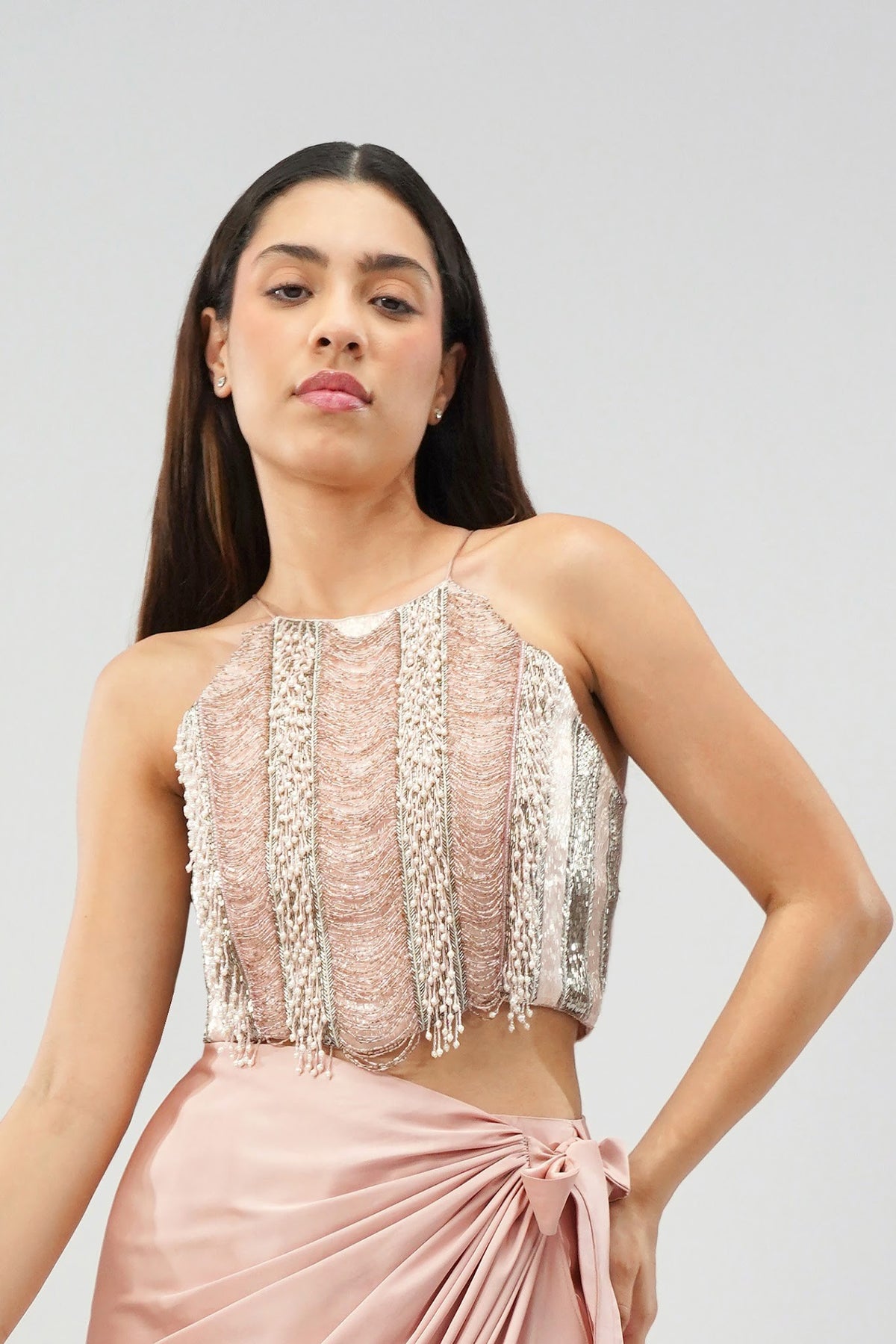 Ruche Crop Top Halterneck Fullback Rose Quartz Pink