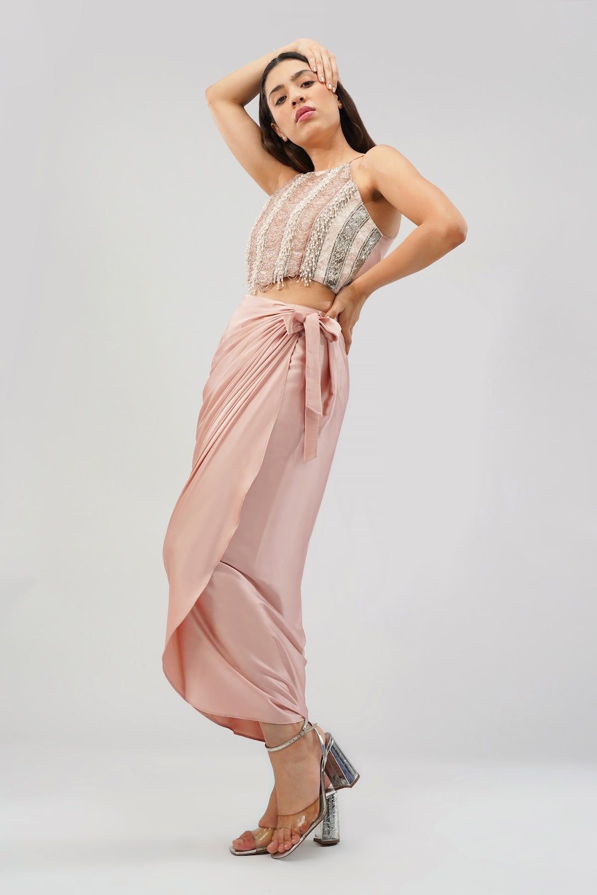 Ruche Crop Top Halterneck Fullback Rose Quartz Pink With Tulip Freesize Full Length Wrap Skirt Rose Quartz Pink