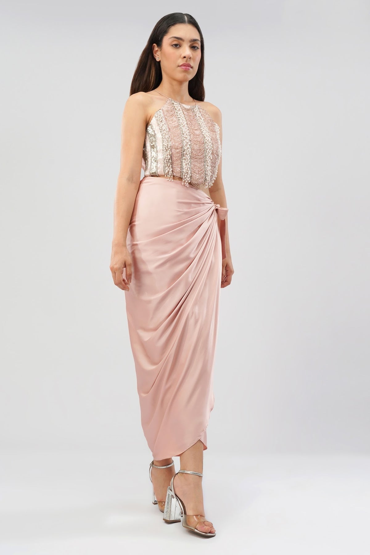 Ruche Crop Top Halterneck Fullback Rose Quartz Pink With Tulip Freesize Full Length Wrap Skirt Rose Quartz Pink