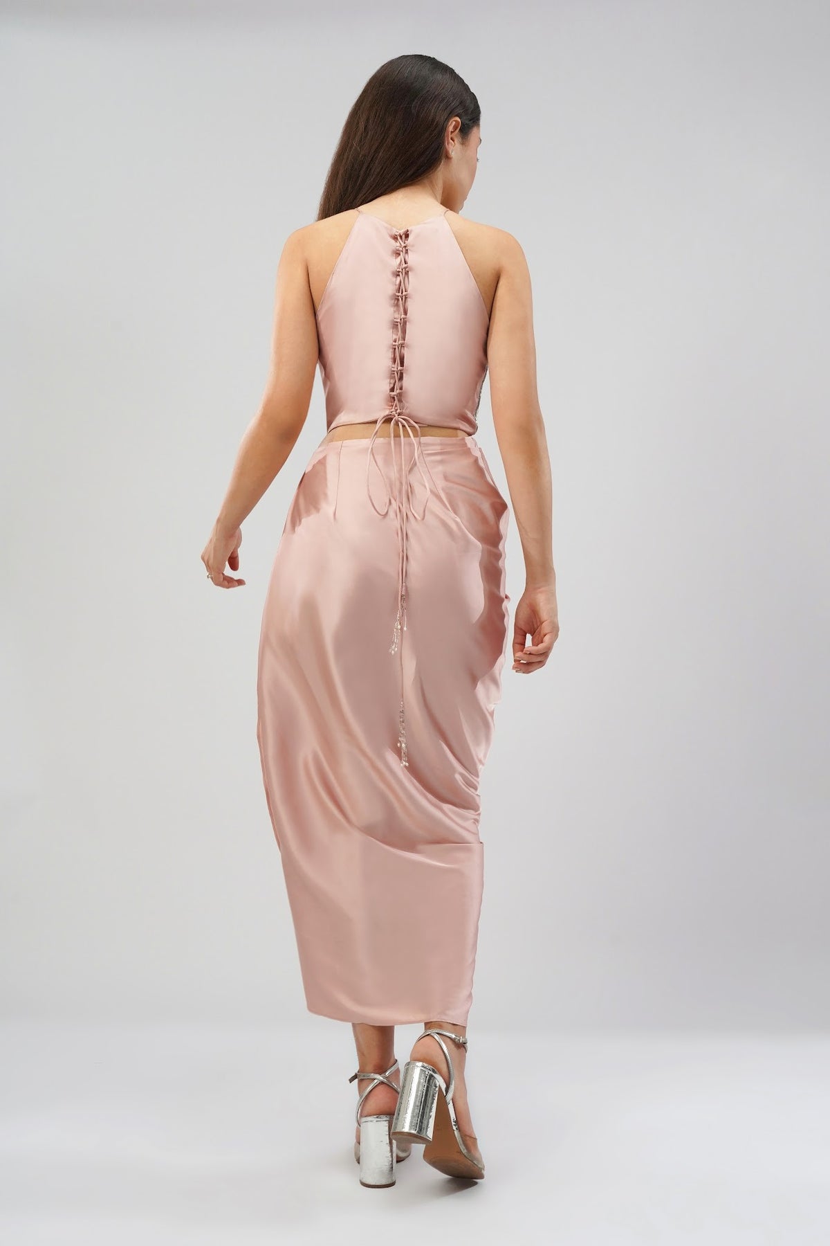 Ruche Crop Top Halterneck Fullback Rose Quartz Pink With Tulip Freesize Full Length Wrap Skirt Rose Quartz Pink