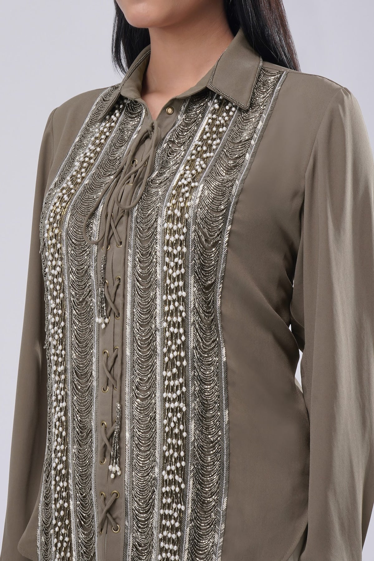 Ruche Embellished Full Sleeve Shirt Antique Gold Antique Silver