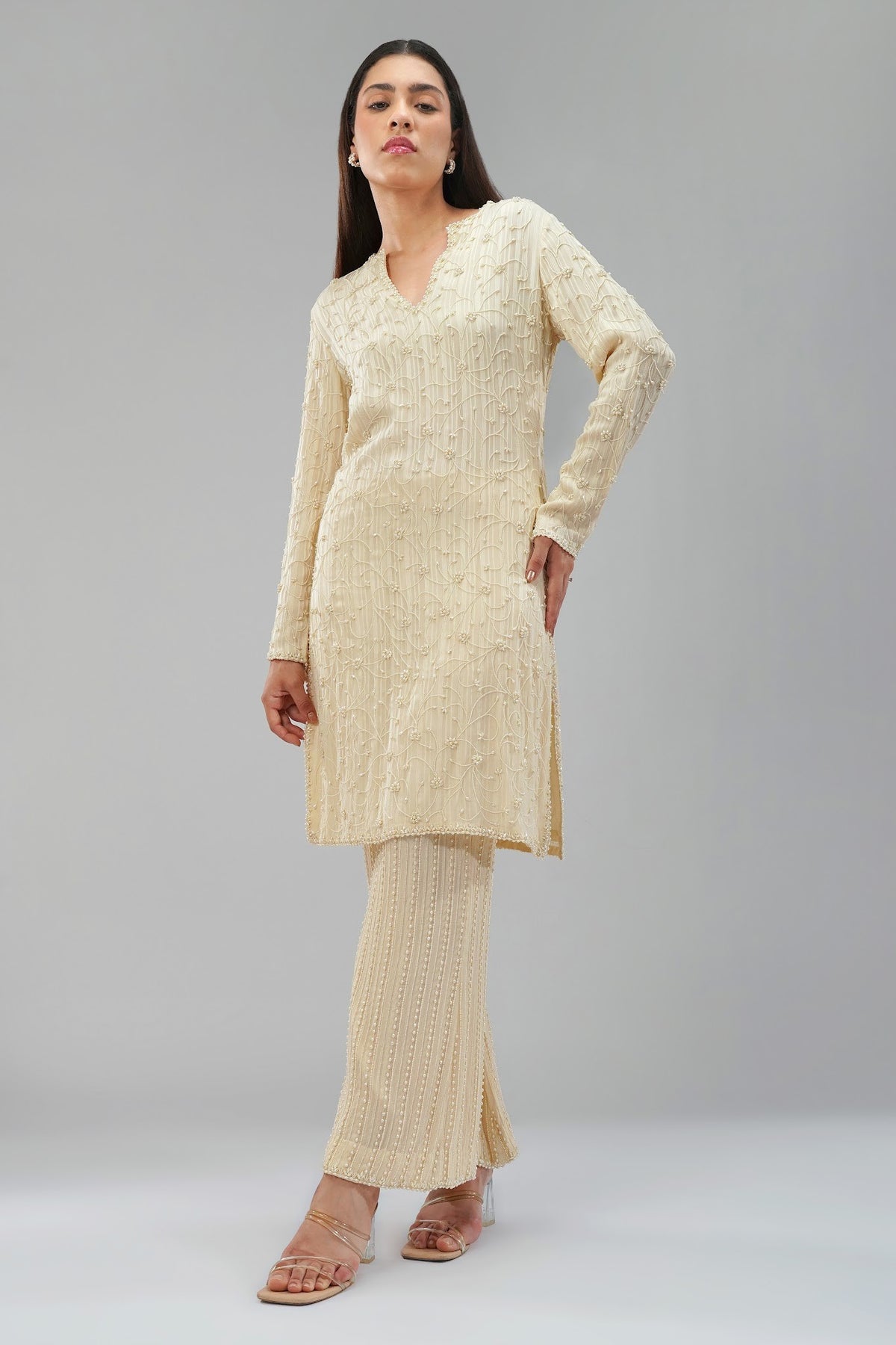 Saboo Embellished Long Kurti Pristine Ivory With Saboo Flare Pant Pristine Ivory