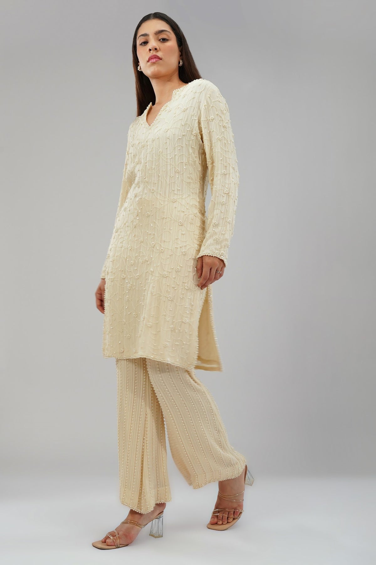 Saboo Embellished Long Kurti Pristine Ivory With Saboo Flare Pant Pristine Ivory