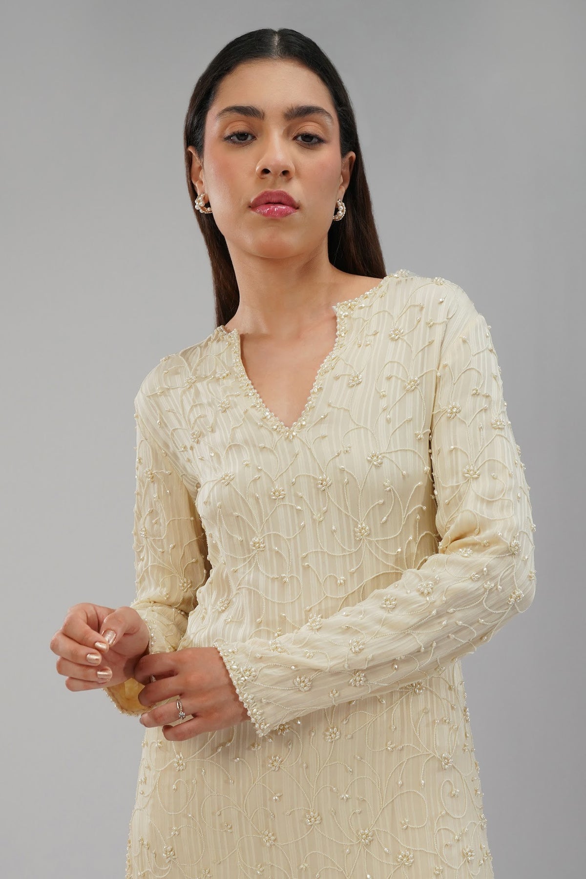 Saboo Embellished Long Kurti Pristine Ivory With Saboo Flare Pant Pristine Ivory