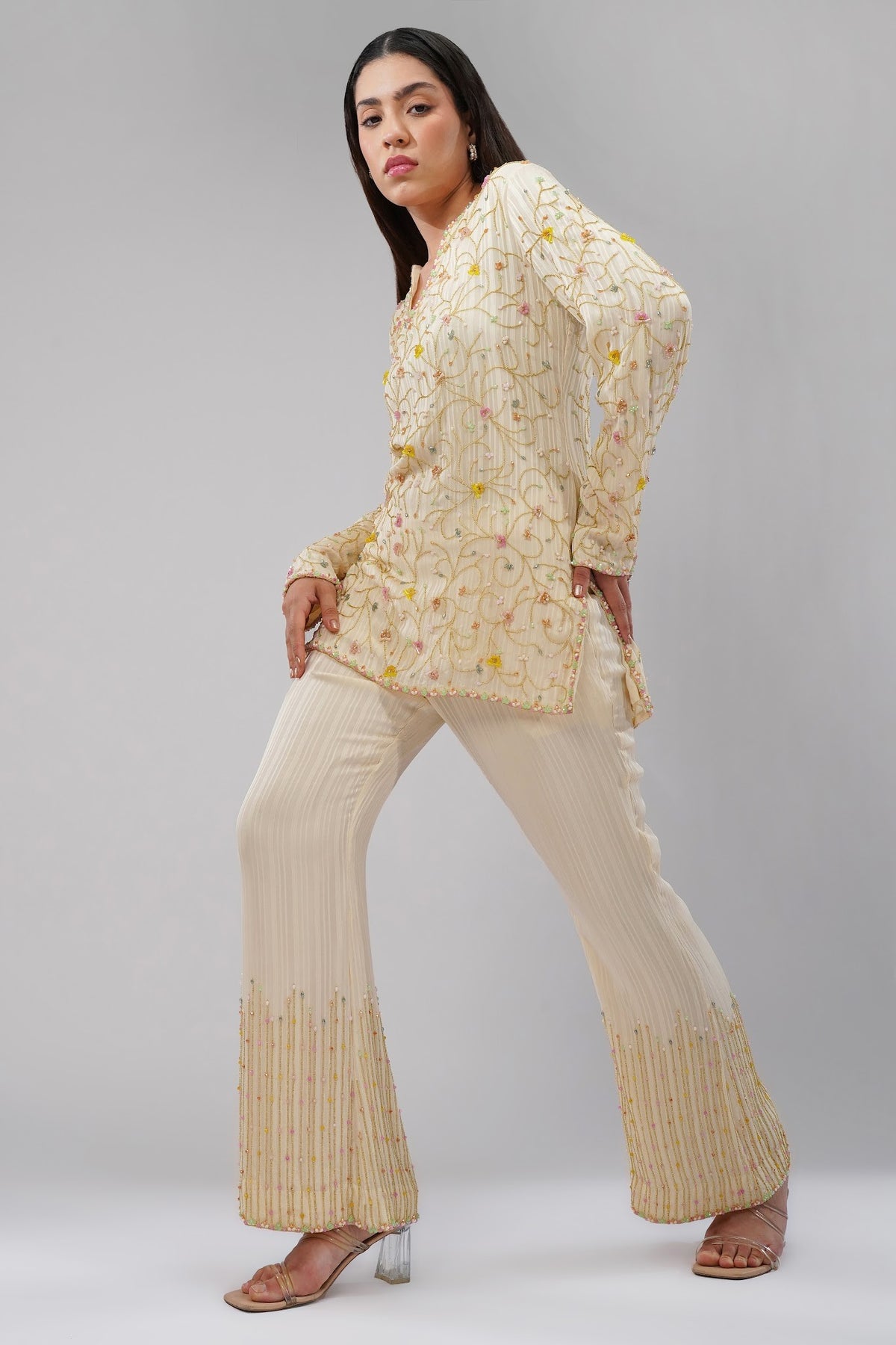 Saboo Embellished Short Kurti Pristine Ivory Multi With Saboo Embellished Flare Pant Pristine Ivory Multi