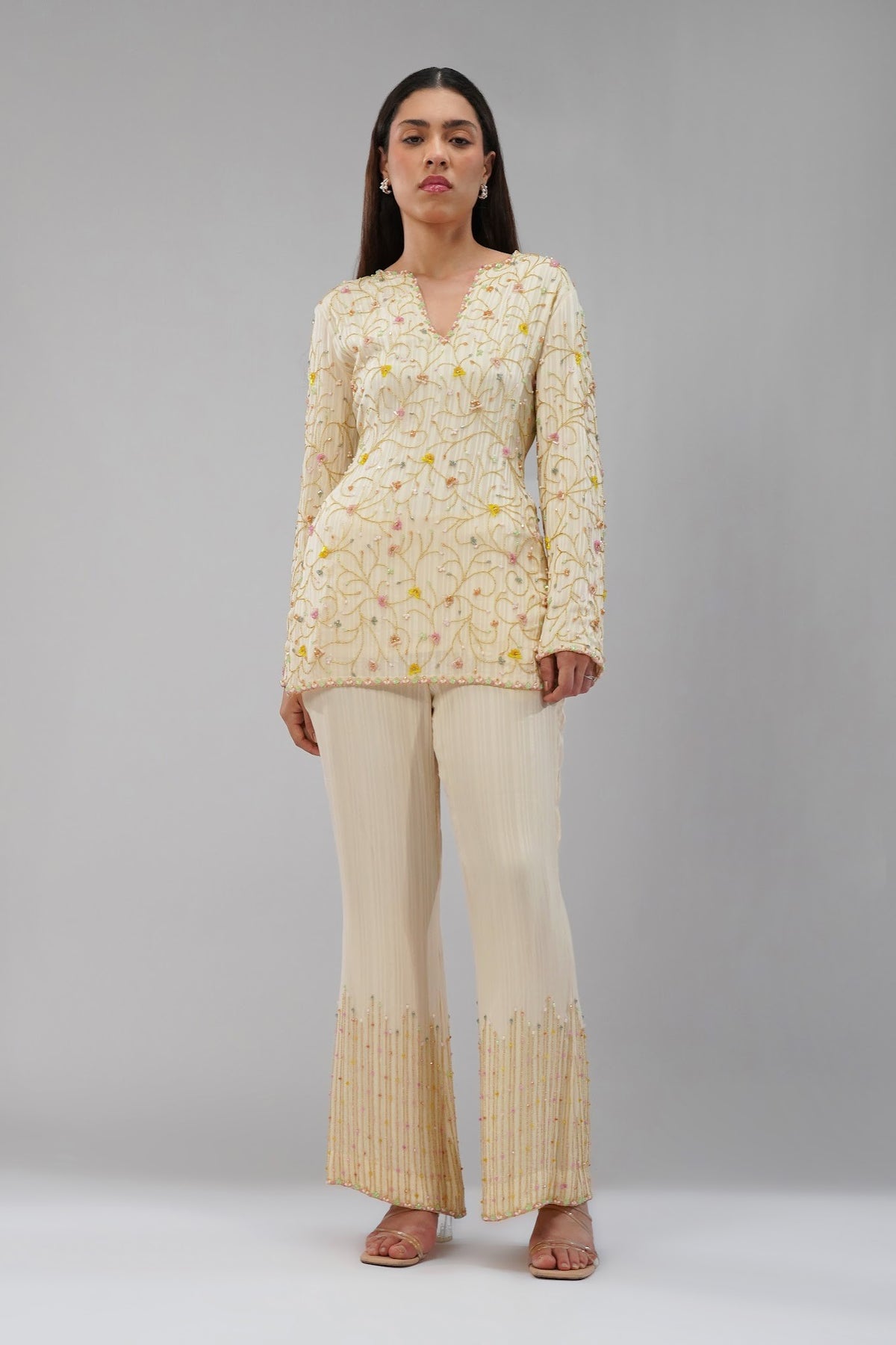 Saboo Embellished Short Kurti Pristine Ivory Multi With Saboo Embellished Flare Pant Pristine Ivory Multi