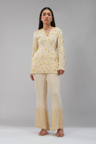 Saboo Embellished Short Kurti Pristine Ivory Multi With Saboo Embellished Flare Pant Pristine Ivory Multi